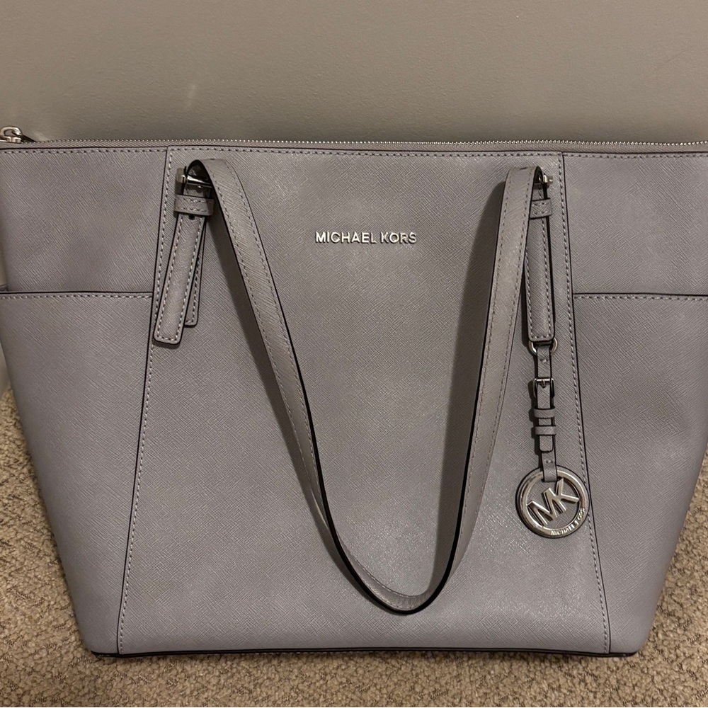 Michael Kors Jet Set Gray Saffiano Leather Tote with MK Charm
